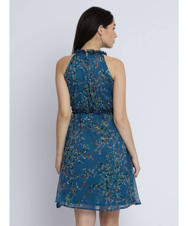 Women's Multicolored Round Neck Sleeveless Floral Ruffled Gathered Knee-Long Skater Dress