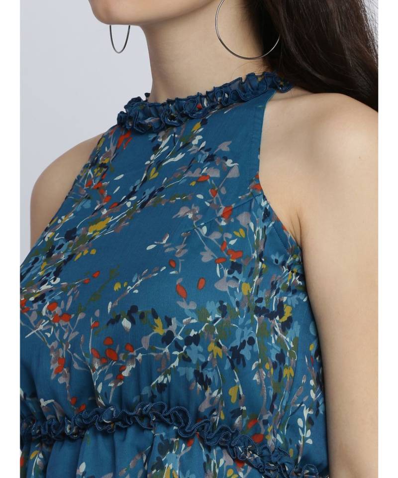 Women's Multicolored Round Neck Sleeveless Floral Ruffled Gathered Knee-Long Skater Dress