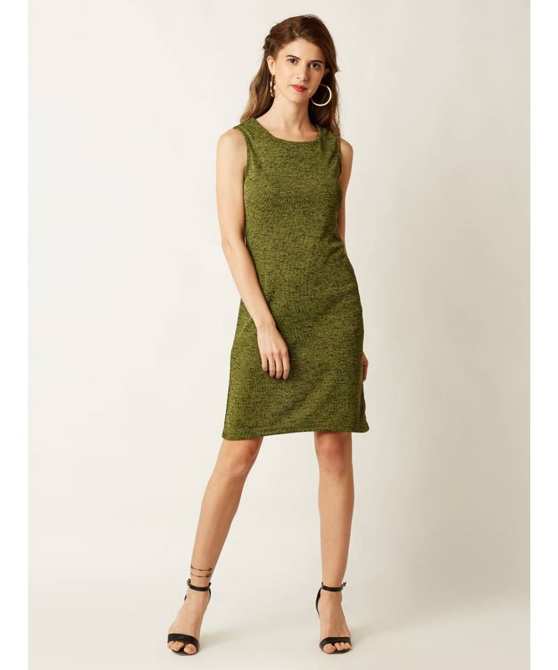 Women's Green Round Neck Sleeveless Solid Mini Shift Dress