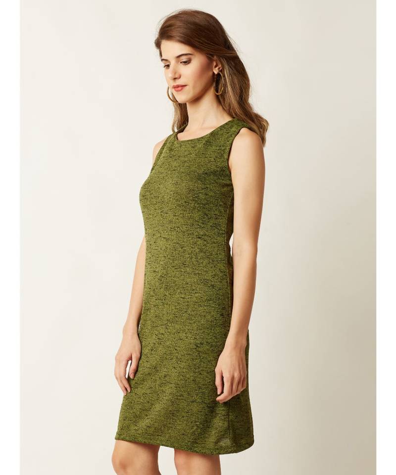 Women's Green Round Neck Sleeveless Solid Mini Shift Dress