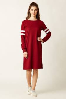 Women's Maroon Round Neck full_sleeve Solid Knee-Long Paneled Shift Dress