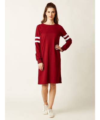 Women's Maroon Round Neck full_sleeve Solid Knee-Long Paneled Shift Dress 1