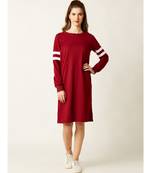 Women's Maroon Round Neck full_sleeve Solid Knee-Long Paneled Shift Dress