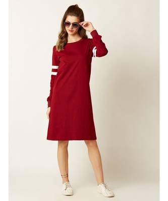Women's Maroon Round Neck full_sleeve Solid Knee-Long Paneled Shift Dress 2