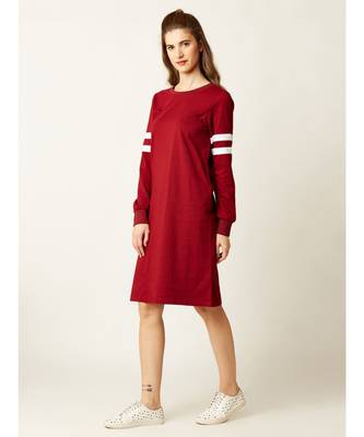 Women's Maroon Round Neck full_sleeve Solid Knee-Long Paneled Shift Dress 3