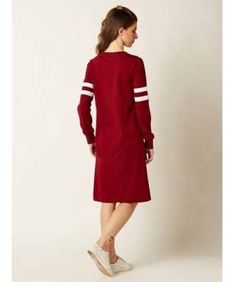 Women's Maroon Round Neck full_sleeve Solid Knee-Long Paneled Shift Dress 4