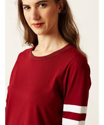 Women's Maroon Round Neck full_sleeve Solid Knee-Long Paneled Shift Dress 5