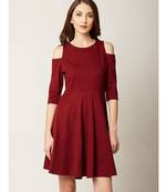 Women's Maroon Round Neck 3/4 Sleeves Solid Knee-Long Cold Shoulder Skater Dress