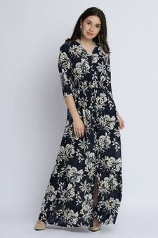 Women's Multicolored Floral V Neck 3/4 Sleeve Gathered Flowy Maxi Dress