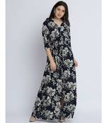 Women's Multicolored Floral V Neck 3/4 Sleeve Gathered Flowy Maxi Dress