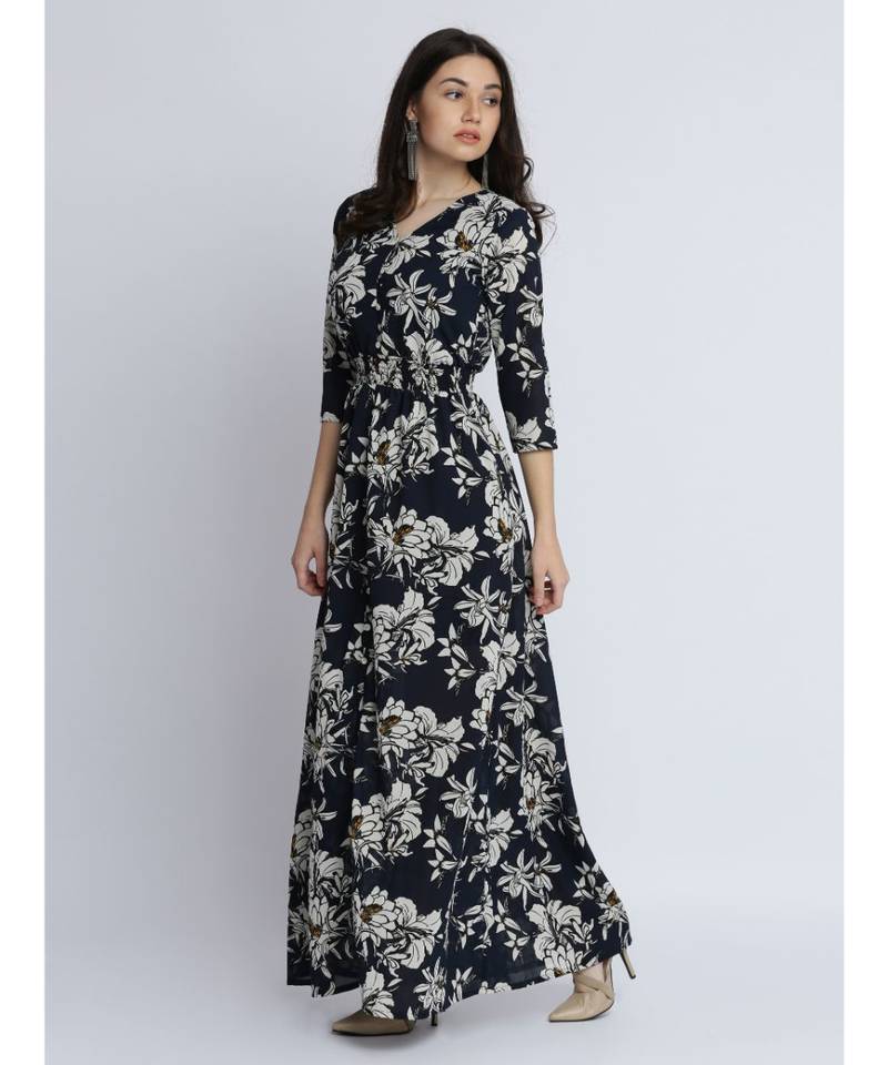 Women's Multicolored Floral V Neck 3/4 Sleeve Gathered Flowy Maxi Dress