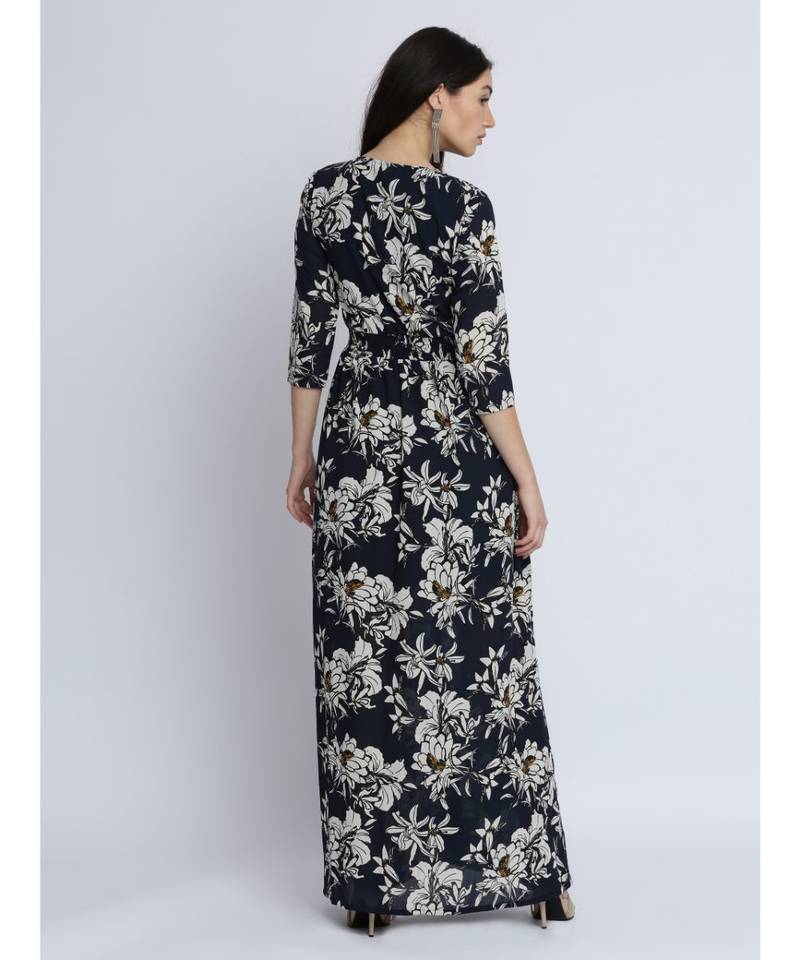 Women's Multicolored Floral V Neck 3/4 Sleeve Gathered Flowy Maxi Dress