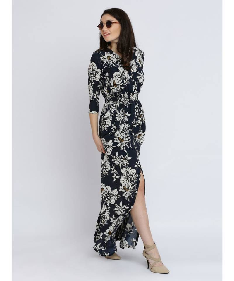 Women's Multicolored Floral V Neck 3/4 Sleeve Gathered Flowy Maxi Dress