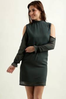 Women's Green Round Neck full_sleeve Solid Gathered Mini Cold Shoulder Shift Dress