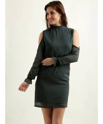 Women's Green Round Neck full_sleeve Solid Gathered Mini Cold Shoulder Shift Dress 1