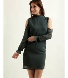 Women's Green Round Neck full_sleeve Solid Gathered Mini Cold Shoulder Shift Dress