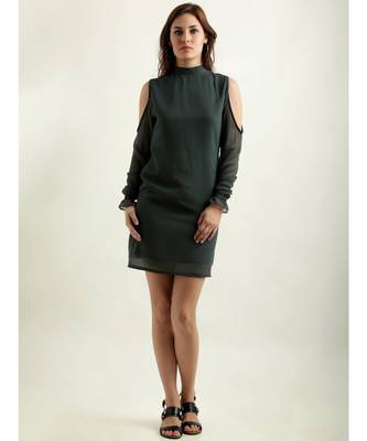 Women's Green Round Neck full_sleeve Solid Gathered Mini Cold Shoulder Shift Dress 2