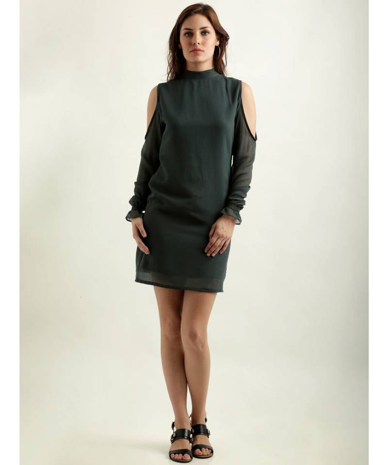 Women's Green Round Neck full_sleeve Solid Gathered Mini Cold Shoulder Shift Dress