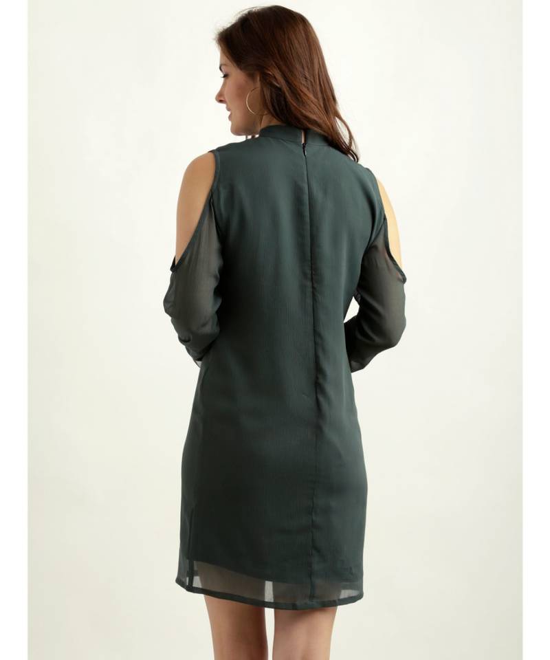 Women's Green Round Neck full_sleeve Solid Gathered Mini Cold Shoulder Shift Dress