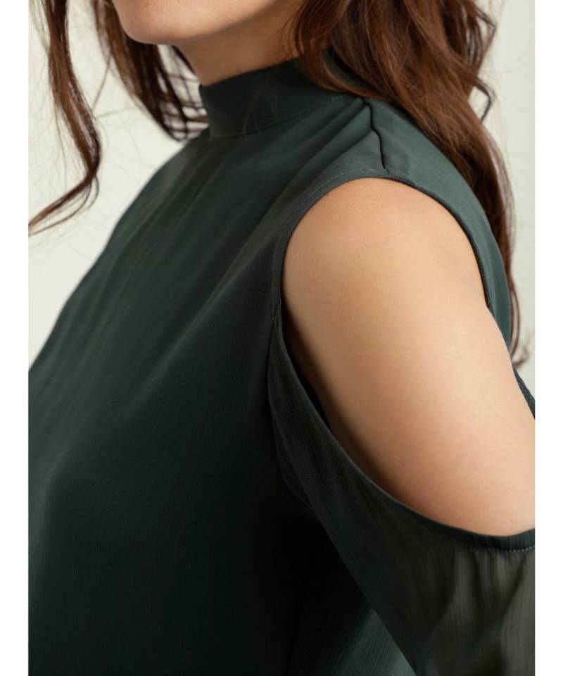 Women's Green Round Neck full_sleeve Solid Gathered Mini Cold Shoulder Shift Dress