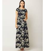 Women's Multicolored Round Neck Cap Sleeve Belted Flowy Floral Maxi Dress