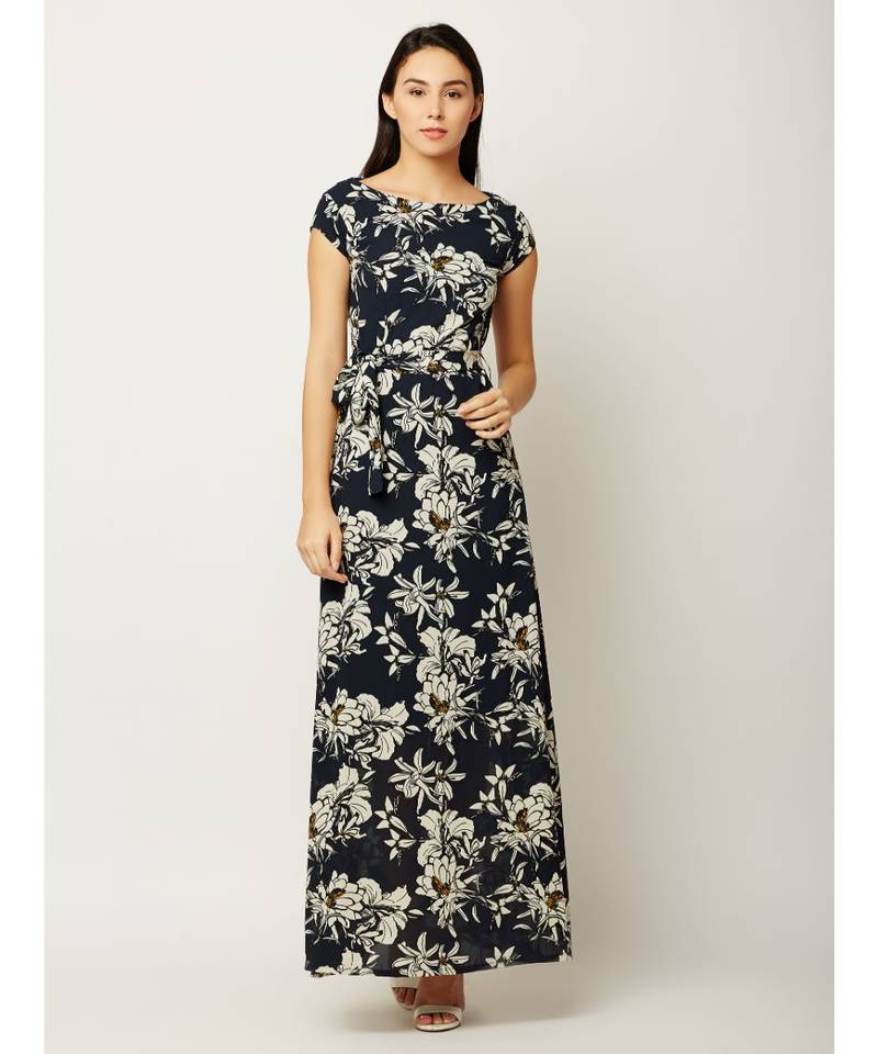 Women's Multicolored Round Neck Cap Sleeve Belted Flowy Floral Maxi Dress