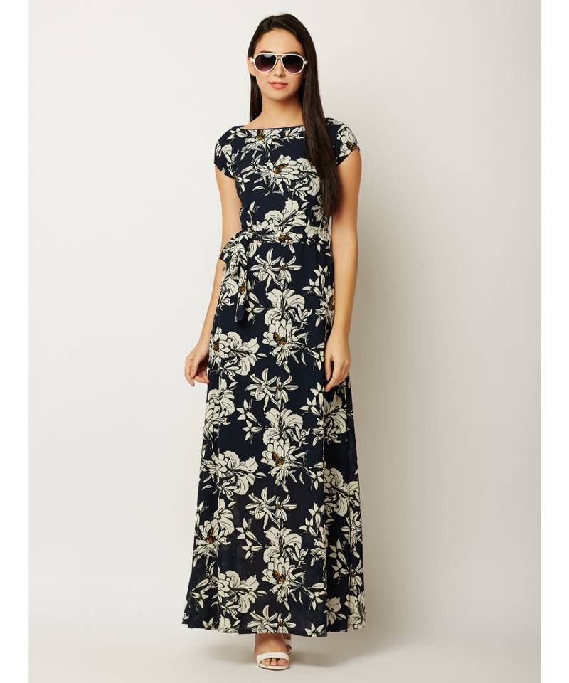 Women's Multicolored Round Neck Cap Sleeve Belted Flowy Floral Maxi Dress