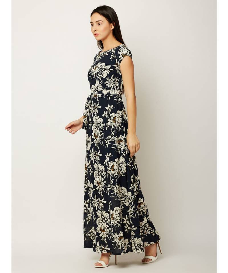 Women's Multicolored Round Neck Cap Sleeve Belted Flowy Floral Maxi Dress