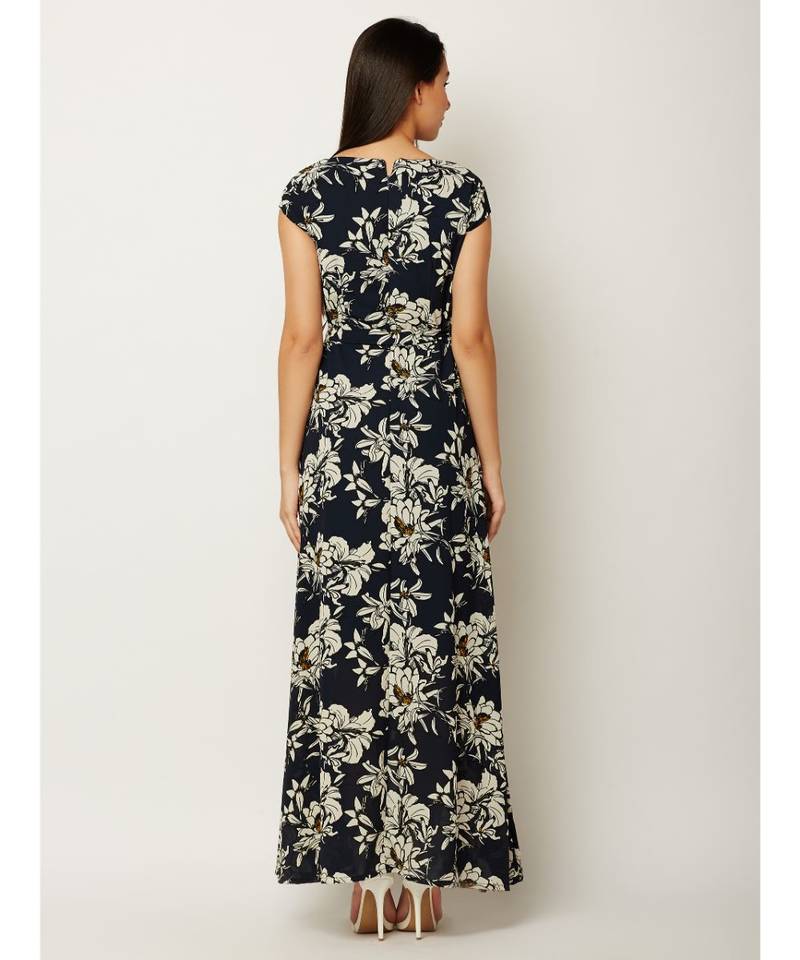 Women's Multicolored Round Neck Cap Sleeve Belted Flowy Floral Maxi Dress