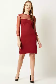 Women's Maroon Round Neck full_sleeve Solid Knee-Long Shift Dress