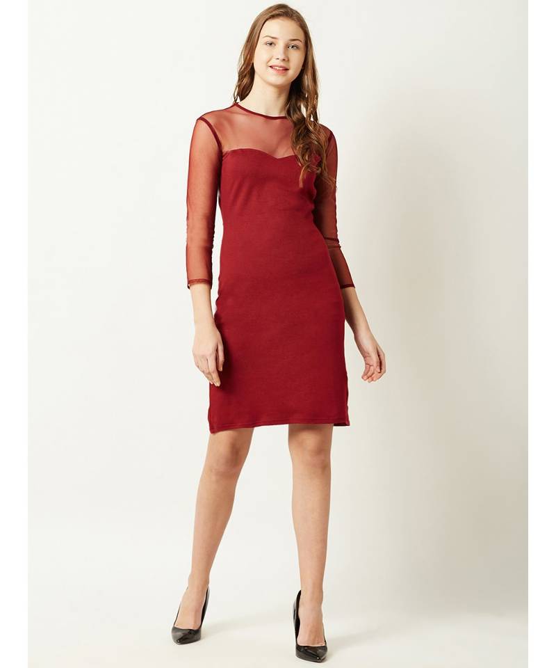 Women's Maroon Round Neck full_sleeve Solid Knee-Long Shift Dress