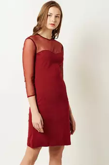 Women's Maroon Round Neck full_sleeve Solid Knee-Long Shift Dress