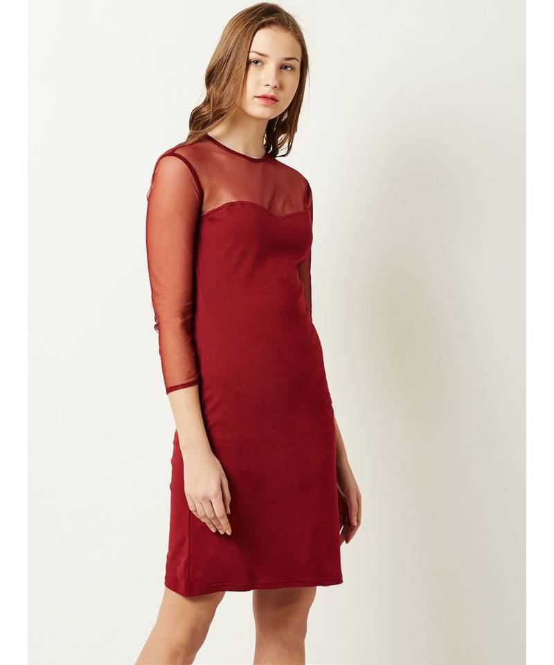 Women's Maroon Round Neck full_sleeve Solid Knee-Long Shift Dress