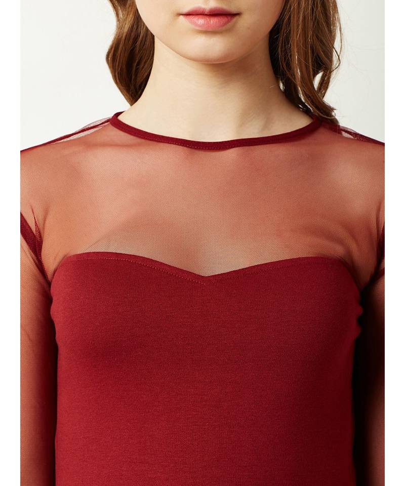 Women's Maroon Round Neck full_sleeve Solid Knee-Long Shift Dress