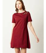 Women's Maroon Round Neck Short Sleeve Solid Floral Embroidered Mini A-Line Dress
