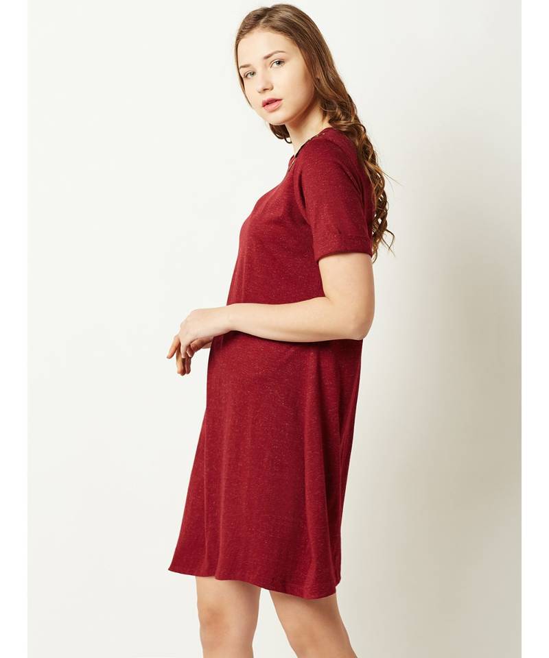 Women's Maroon Round Neck Short Sleeve Solid Floral Embroidered Mini A-Line Dress