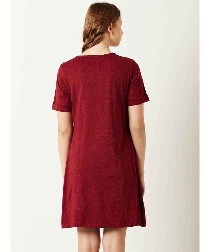 Women's Maroon Round Neck Short Sleeve Solid Floral Embroidered Mini A-Line Dress