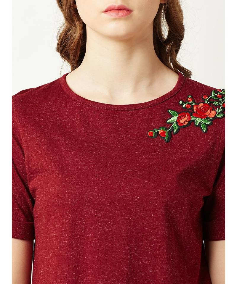 Women's Maroon Round Neck Short Sleeve Solid Floral Embroidered Mini A-Line Dress