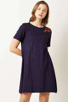 Women's Navy Blue Round Neck Short Sleeve Solid Floral Embroidered Mini A-Line Dress