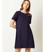Women's Navy Blue Round Neck Short Sleeve Solid Floral Embroidered Mini A-Line Dress