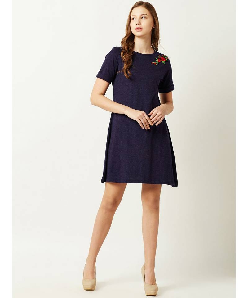 Women's Navy Blue Round Neck Short Sleeve Solid Floral Embroidered Mini A-Line Dress