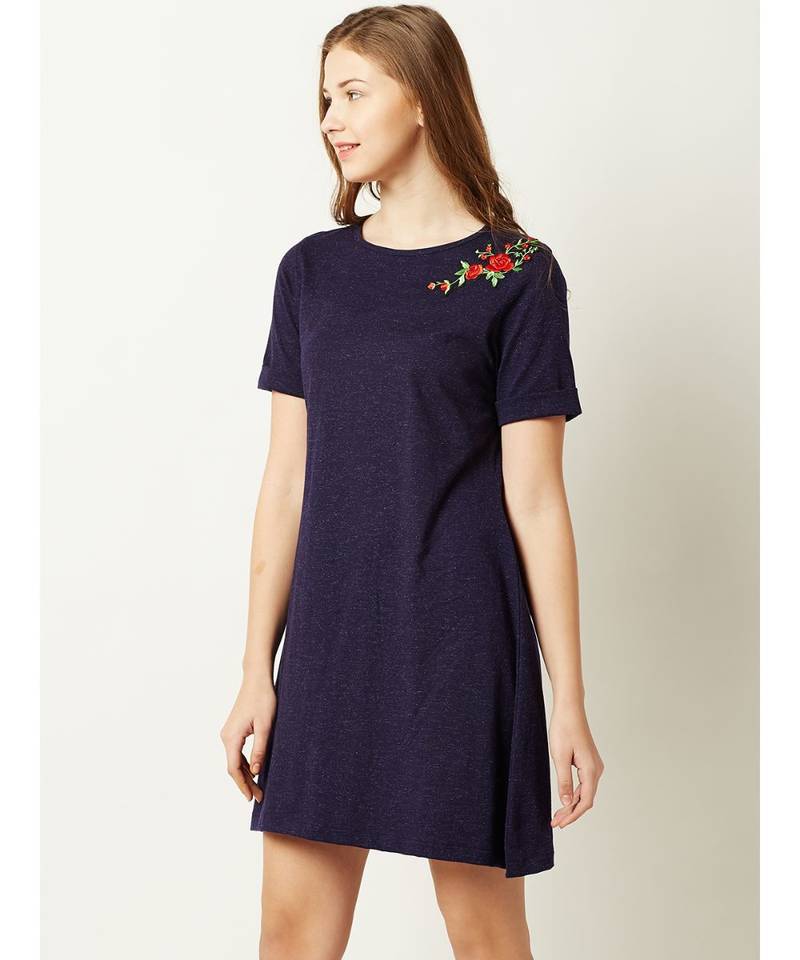 Women's Navy Blue Round Neck Short Sleeve Solid Floral Embroidered Mini A-Line Dress