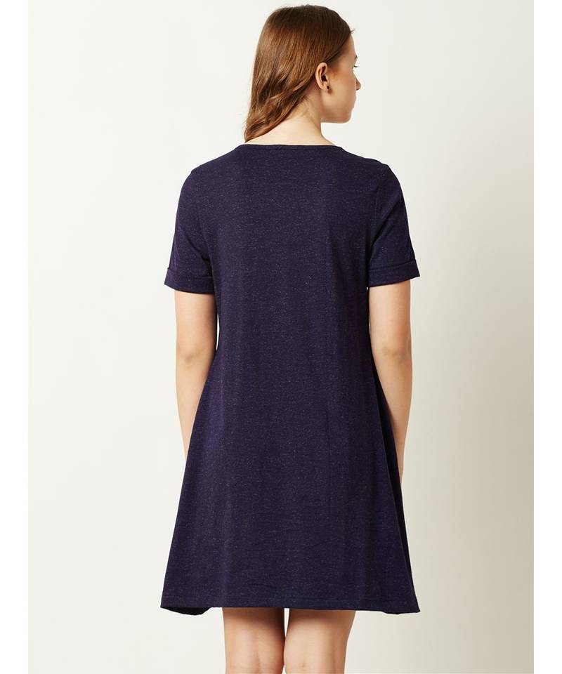 Women's Navy Blue Round Neck Short Sleeve Solid Floral Embroidered Mini A-Line Dress