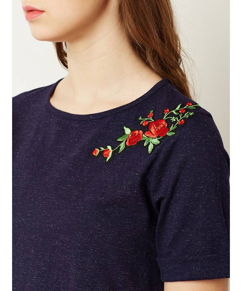 Women's Navy Blue Round Neck Short Sleeve Solid Floral Embroidered Mini A-Line Dress