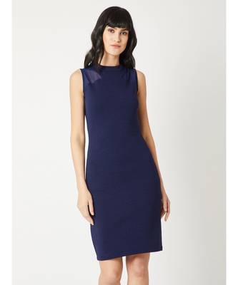 Women's Navy Blue High Round Neck Sleeveless Solid Sheer Detailing Paneled Bodycon Knee-Long Dress 1
