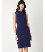 Women's Navy Blue High Round Neck Sleeveless Solid Sheer Detailing Paneled Bodycon Knee-Long Dress