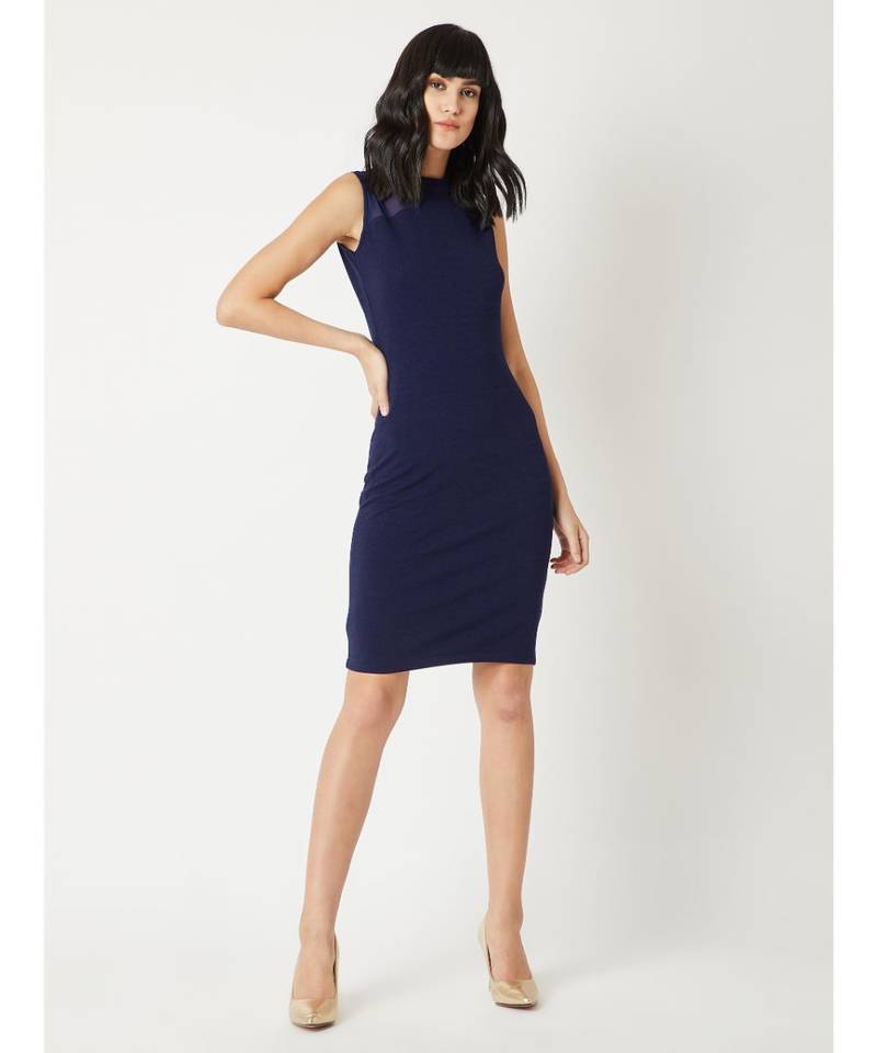 Women's Navy Blue High Round Neck Sleeveless Solid Sheer Detailing Paneled Bodycon Knee-Long Dress
