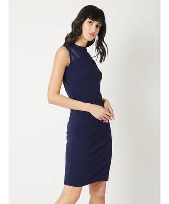 Women's Navy Blue High Round Neck Sleeveless Solid Sheer Detailing Paneled Bodycon Knee-Long Dress 3
