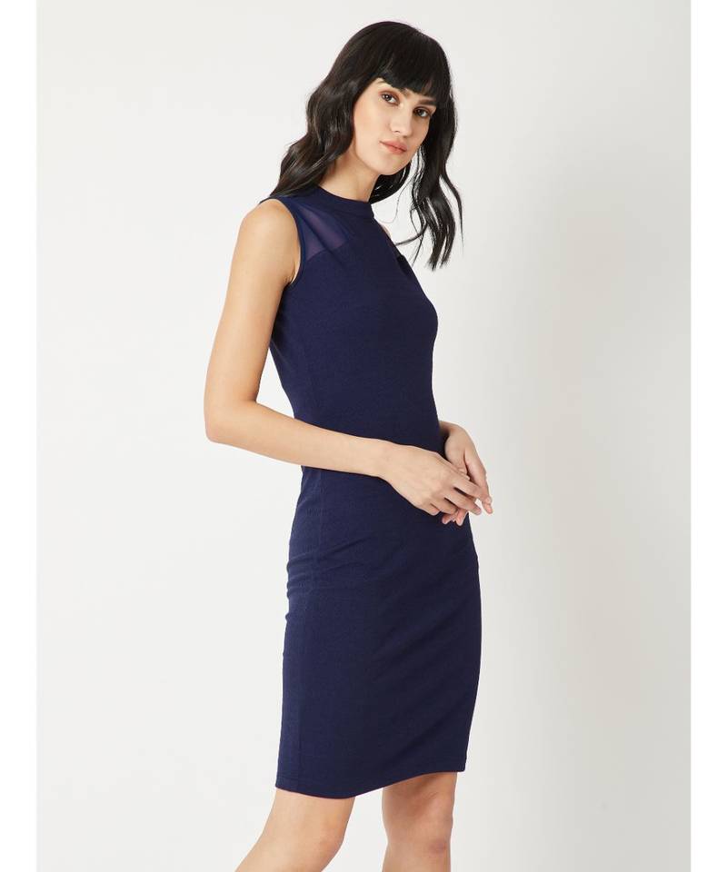 Women's Navy Blue High Round Neck Sleeveless Solid Sheer Detailing Paneled Bodycon Knee-Long Dress