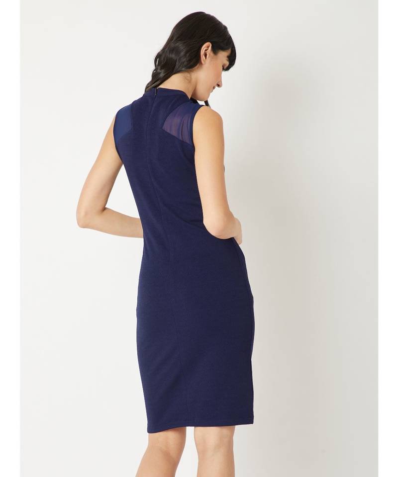 Women's Navy Blue High Round Neck Sleeveless Solid Sheer Detailing Paneled Bodycon Knee-Long Dress